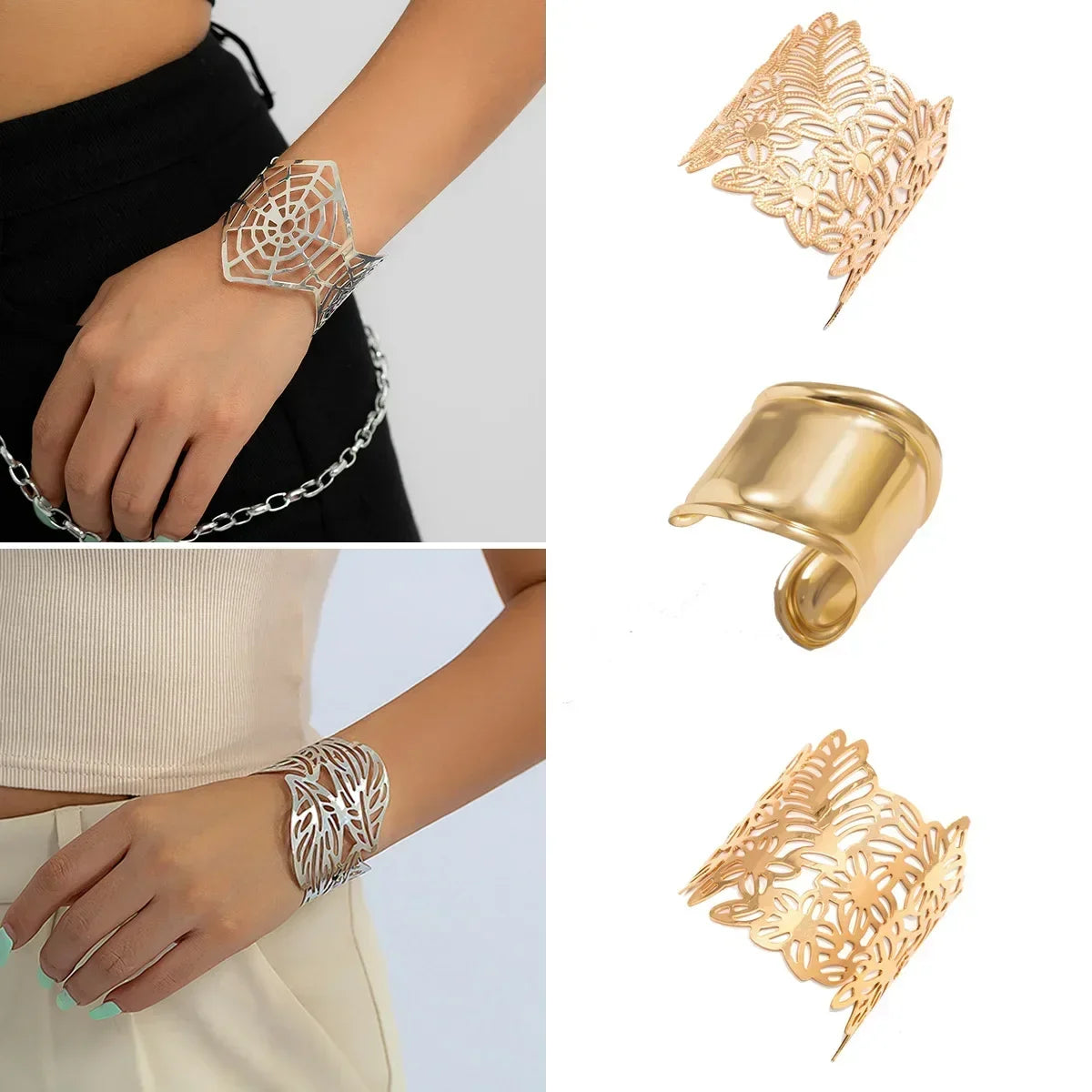 Elegant French-style Open Smooth Bracelet with a Delicate Vintage Hollow Out Leaf Charm, designed for Women's Jewelry.