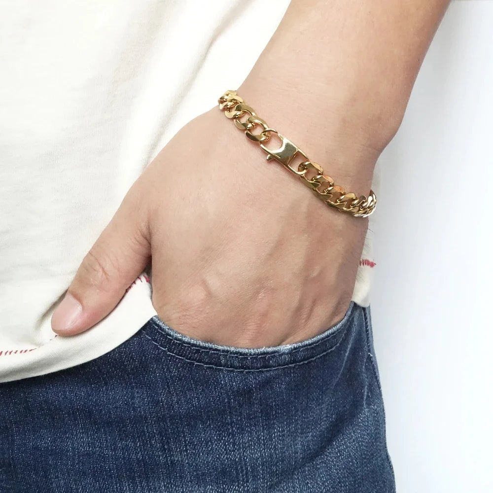 Unisex Stainless Steel Bracelet, featuring a Curb Chain design in widths of 6/8/10/12mm and a length of 8 inches, this bracelet exudes a Punk and Hip-hop vibe, making it an ideal gift for anyone who loves edgy jewelry.