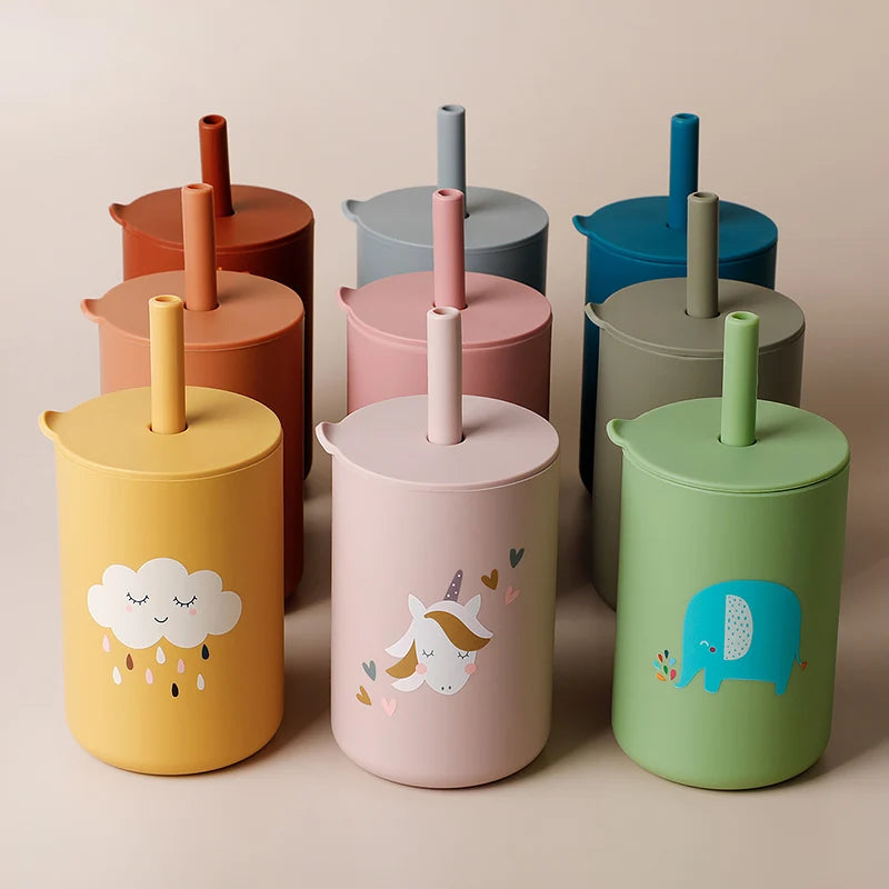 Baby Feeding Straw Cup: Cartoon Design, Food-Grade Silicone Toddler Water Bottle for Learning, BPA-Free Tableware