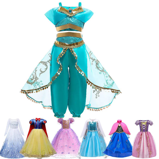 Children's princess dresses inspired by characters such as Jasmine, Elsa, Anna, Bella, Rapunzel, Mermaid, Snow White, Cinderella, and Aurora.
